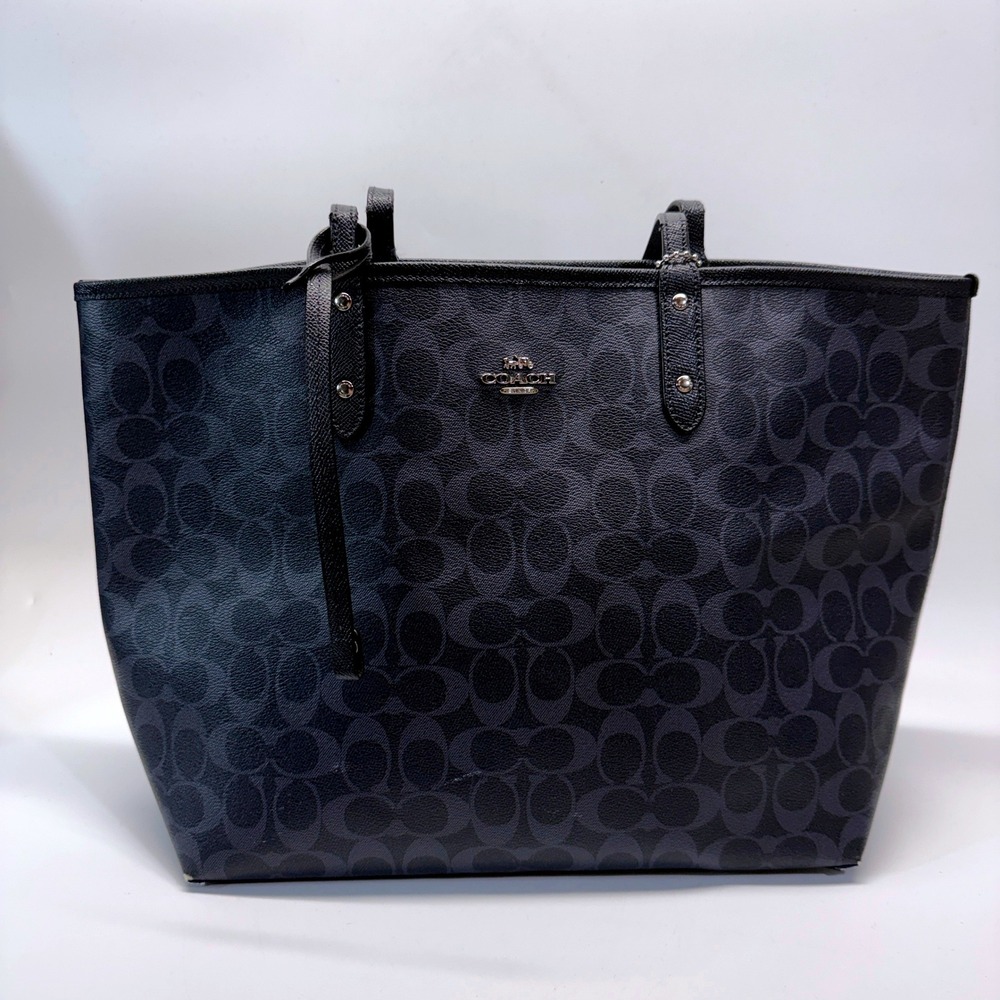 Coach Reversible Tote Bag Womens Large Black Blue Metallic Signature Logo CC Y2K